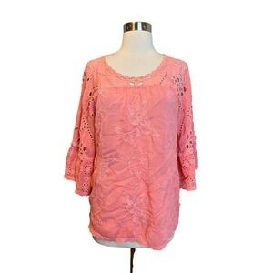 Johnny Was Roman Top Small Pink Ruffle Flared Sleeve Eyelet Embroidered